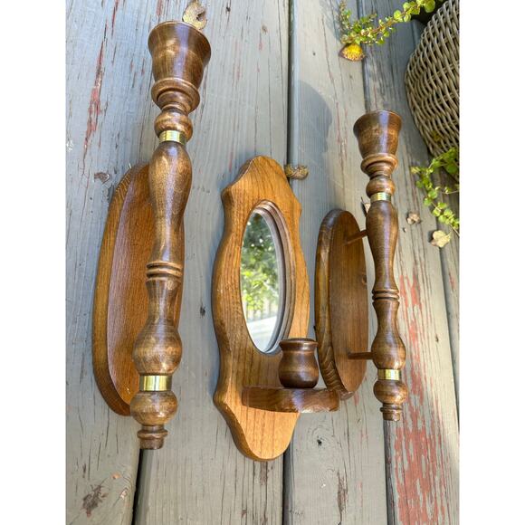 Vintage Mirrored Candle Sconces candleholders set of three wood wooden retro - Picture 4 of 16